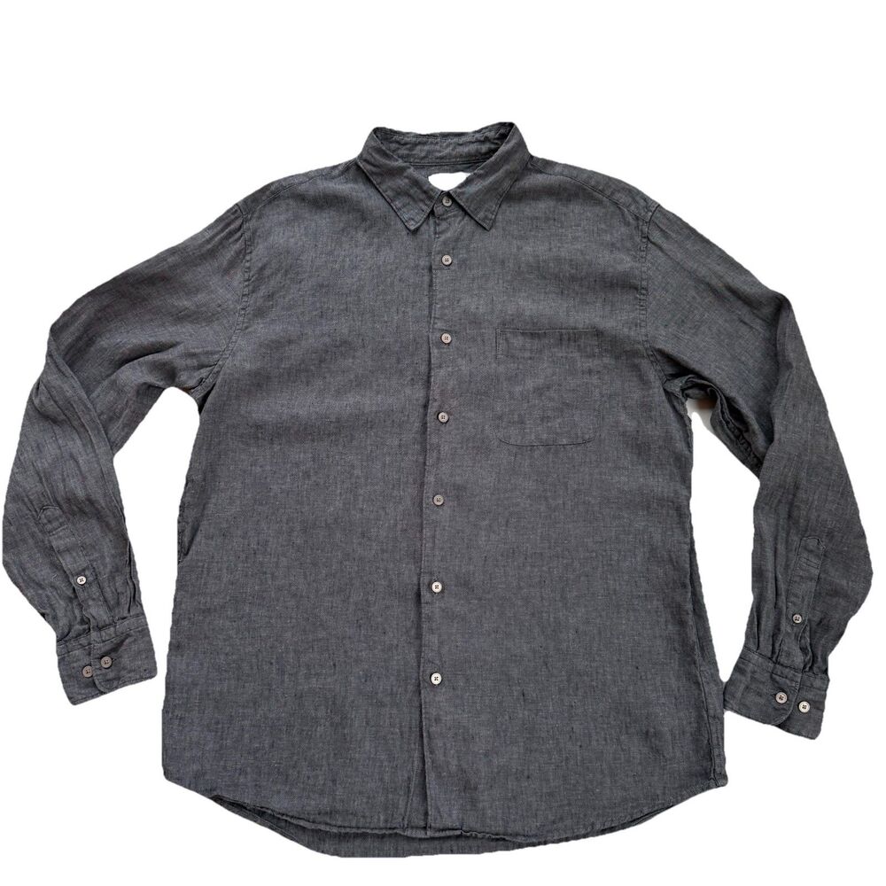 Uniqlo Shirt Mens XL Gray 100% Linen Long Sleeve Button Up Casual Top Woven
